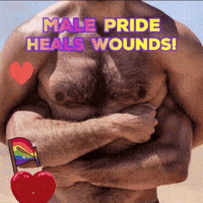 A Picture Of A Shirtless Man With The Words Male Pride Heals Wounds On It GIF