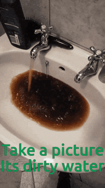 A Picture Of A Sink With Dirty Water Coming Out Of The Faucet GIF