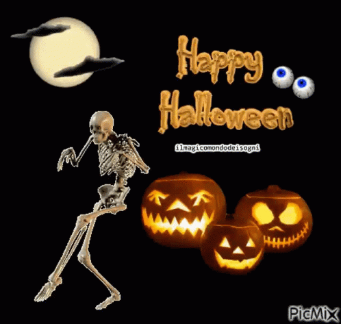A Picture Of A Skeleton And Pumpkins That Says Happy Halloween On It GIF