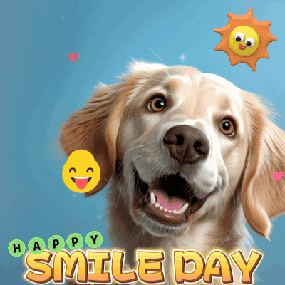 A Picture Of A Smiling Dog With The Words Happy Smile Day Below It GIF