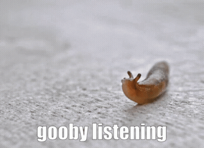 A Picture Of A Snail With The Words Goobby Listening Written Below It GIF
