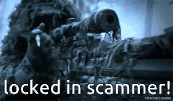 A Picture Of A Sniper With The Words " Locked In Scammer " Below Him GIF