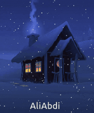 A Picture Of A Snowy Cabin With The Name Aliabdi On The Bottom GIF