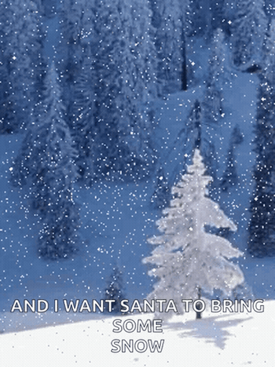 A Picture Of A Snowy Forest With The Words " And I Want Santa To Bring Some Snow " At The Bottom GIF