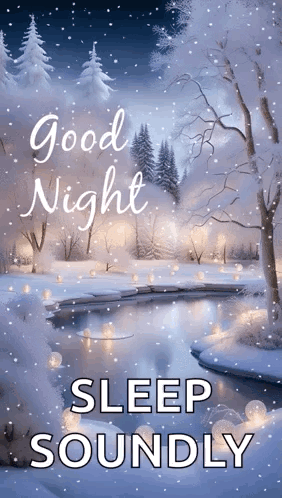 A Picture Of A Snowy Forest With The Words `` Good Night Sleep Soundly '' On It . GIF