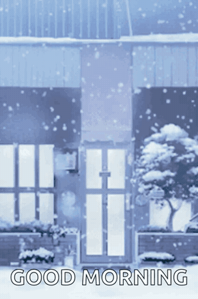 A Picture Of A Snowy House With The Words Good Morning GIF