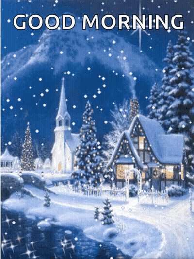 A Picture Of A Snowy Scene With The Words Good Morning Written On It GIF