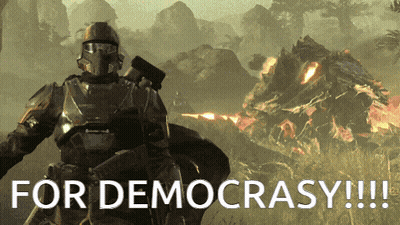 A Picture Of A Soldier With The Words For Democracy Written Below Him GIF
