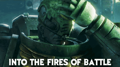 A Picture Of A Soldier With The Words Into The Fires Of Battle Below It GIF