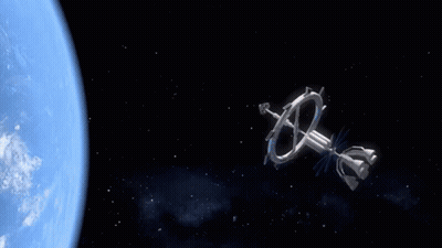 A Picture Of A Space Station With The Letter F Visible GIF