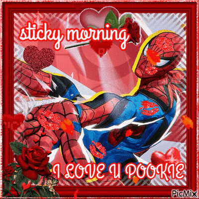 A Picture Of A Spiderman Says Sticky Morning GIF