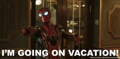 A Picture Of A Spiderman With The Words " I 'M Going On Vacation " Below Him GIF