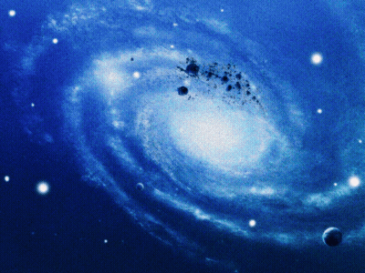 A Picture Of A Spiral Galaxy With A Planet In The Foreground GIF