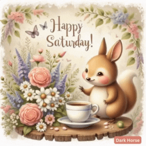 A Picture Of A Squirrel With Flowers And A Cup Of Coffee And The Words Happy Saturday GIF