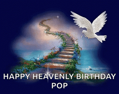 A Picture Of A Stairway To Heaven With The Words Happy Heavenly Birthday Pop On The Bottom GIF