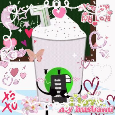 A Picture Of A Starbucks Drink With A Green Character Holding A Sign That Says Icon Me GIF