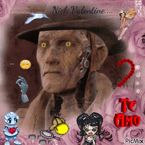 A Picture Of A Statue Of A Man With The Words Nick Valentine On It GIF