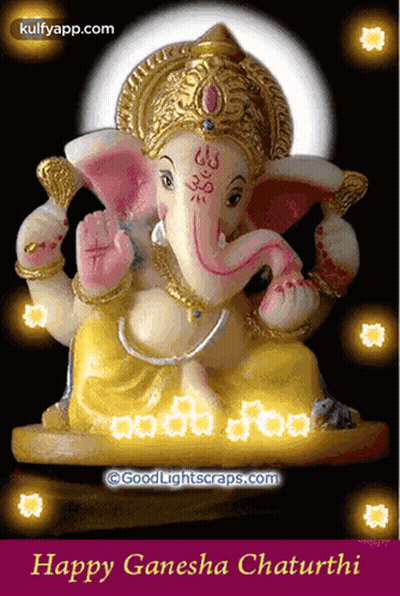 A Picture Of A Statue Of Ganesha With The Words Happy Ganesha Chaturthi At The Bottom GIF