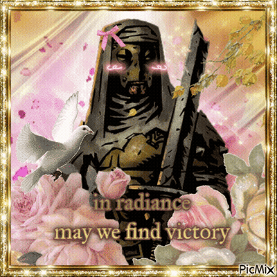 A Picture Of A Statue With The Words In Radiance May We Find Victory Written On It GIF