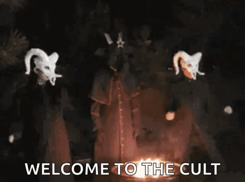 A Picture Of A Statue With The Words Welcome To The Cult On The Bottom GIF