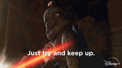 A Picture Of A Storm Trooper With The Words Just Try And Keep Up Below Him GIF