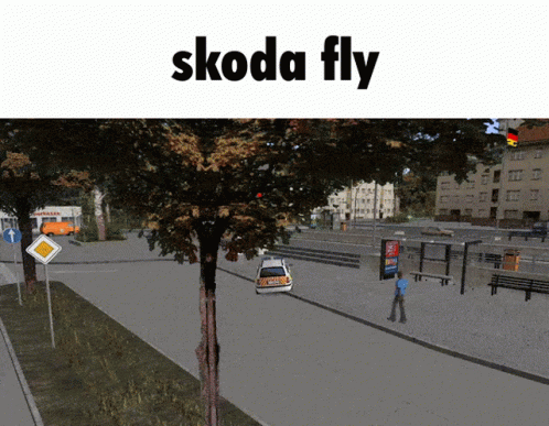 A Picture Of A Street With The Words Skoda Fly On The Bottom GIF