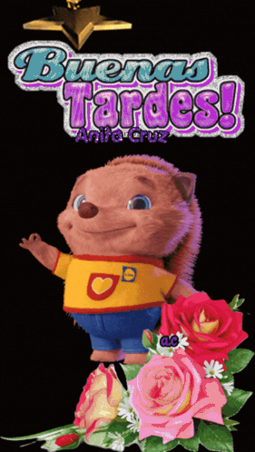 A Picture Of A Stuffed Animal That Says Buenas Tardes On It GIF