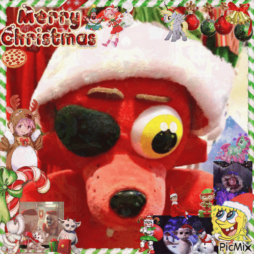 A Picture Of A Stuffed Animal Wearing A Santa Hat With The Words Merry Christmas Above It GIF