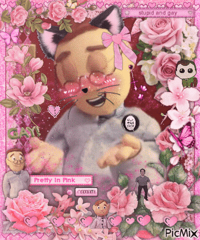 A Picture Of A Stuffed Animal With A Cat Ear Surrounded By Pink Roses GIF