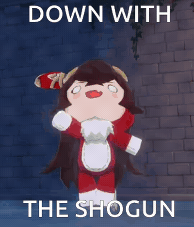 A Picture Of A Stuffed Animal With The Words Down With The Shogun On It GIF