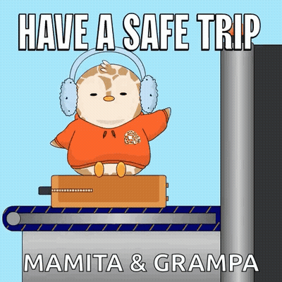 A Picture Of A Stuffed Animal With The Words Have A Safe Trip Mamita & Grampa Below It GIF