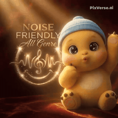 A Picture Of A Stuffed Animal With The Words " Noise Friendly All Genre " On It GIF