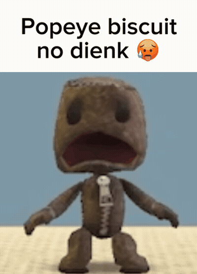 A Picture Of A Stuffed Animal With The Words Popeye Biscuit No Dienk On It GIF