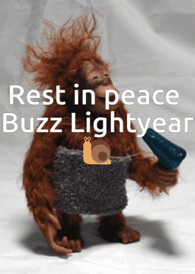 A Picture Of A Stuffed Animal With The Words Rest In Peace Buzz Lightyear GIF