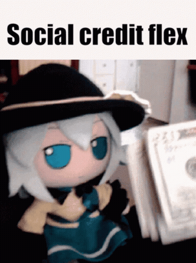 A Picture Of A Stuffed Doll With The Words Social Credit Flex On It GIF