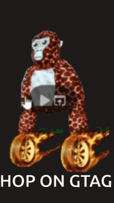 A Picture Of A Stuffed Monkey With The Words Hop On Gtag Written Below It GIF