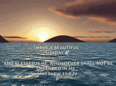 A Picture Of A Sunset Over A Body Of Water With A Quote From Matthew 11 GIF