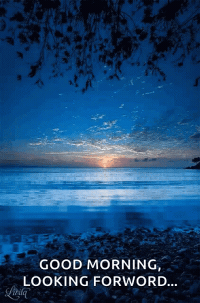 A Picture Of A Sunset Over The Ocean With The Words " Good Morning Looking Forward " GIF
