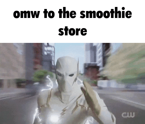A Picture Of A Superhero With The Words Omw To The Smoothie Store GIF