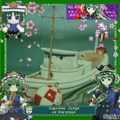 A Picture Of A Supreme Judge Of Paradise Surrounded By Flowers And A Boat GIF