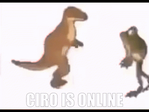 A Picture Of A T-Rex And A Frog With The Words Ciro Is Online Below It GIF