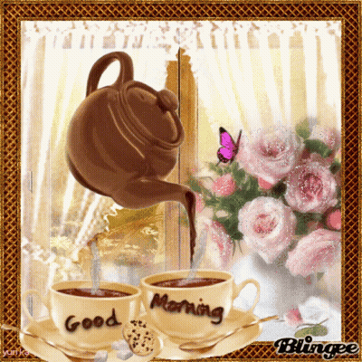 A Picture Of A Teapot Pouring Coffee Into A Cup That Says Good Morning GIF