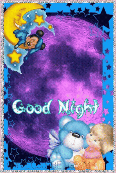 A Picture Of A Teddy Bear A Mickey Mouse And A Girl Saying Good Night GIF