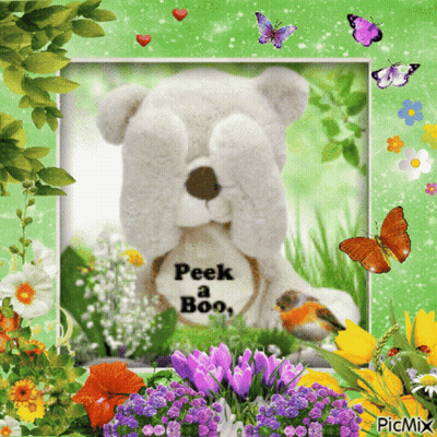 A Picture Of A Teddy Bear Covering His Eyes With Flowers And Butterflies GIF