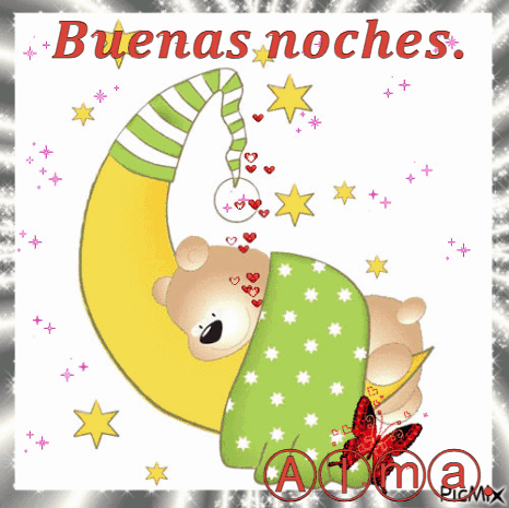 A Picture Of A Teddy Bear Sleeping On A Crescent Moon With The Words Buenas Noches In Red GIF