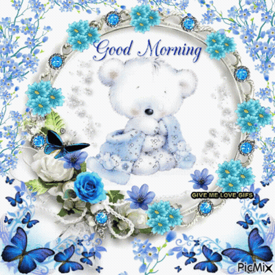 A Picture Of A Teddy Bear Surrounded By Blue Flowers And Butterflies With The Words Good Morning GIF