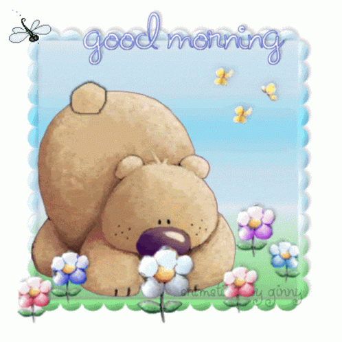 A Picture Of A Teddy Bear With Flowers And The Words Good Morning Written On It GIF