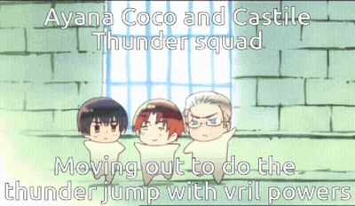 A Picture Of A Thunder Squad Moving Out To Do The Thunder Jump With Their Evil Powers GIF