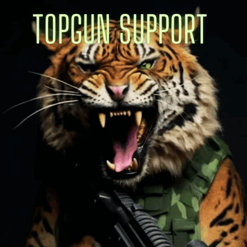 A Picture Of A Tiger With The Words Topgun Support Written Above It GIF
