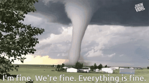 A Picture Of A Tornado With The Words " I 'M Fine We 'Re Fine Everything Is Fine " Below It GIF